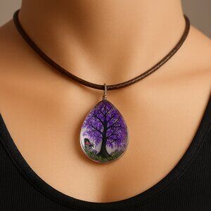 Teardrop Pendant Necklace – Purple Blossom Floral Resin Jewelry - Brown Cord